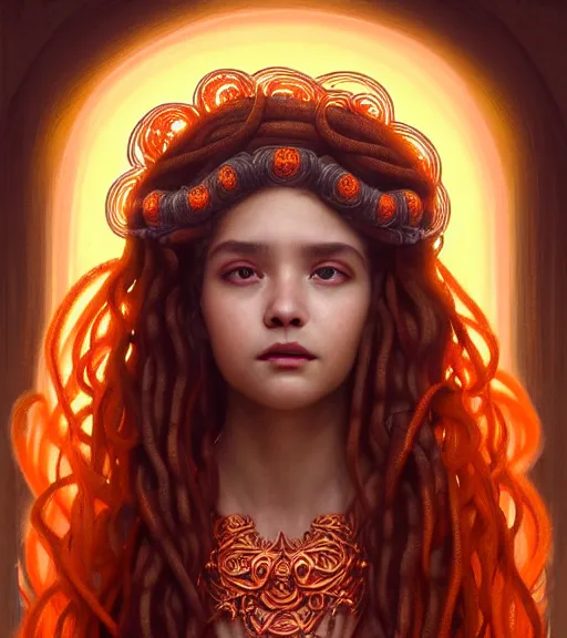 Image similar to portrait of teenage medusa, snake hair, naughty smile, wearing an embroidered orange tunic, intricate, sensual, sultry, elegant, copper and emerald jewelry, glowing lights, seductive, highly detailed, digital painting, artstation, concept art, smooth, sharp focus, illustration, art by wlop, mucha, artgerm, and greg rutkowski
