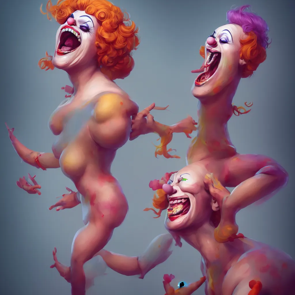 Prompt: a beautiful female clown laughing, full - body and head view, highly detailed, zeronis style, artstation, soft light, sharp focus, illustration, character design, concept art