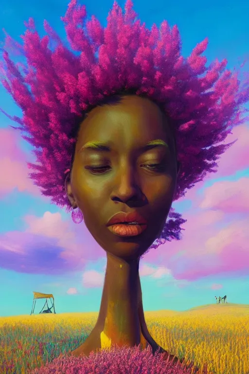 Prompt: closeup, giant flower as head, african woman in heather field, surreal photography, golden hour, colorful clouds, impressionist painting, digital painting, artstation, simon stalenhag