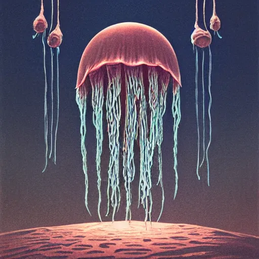 Image similar to retro dark vintage sci - fi 2 d matte illustration, huge jellyfish hanging above city under night sky, art by szukalski, beksinski, 4 k symmetrical portrait