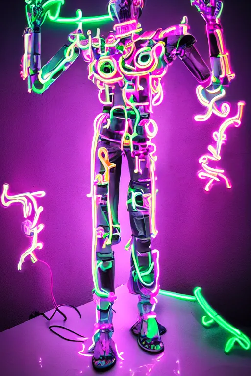 Image similar to full-body neon porcelain baroque cyberpunk style sculpture of a muscular handsoe prince as a high-fashion half-robot wearing retro shades with a porcelain body, corrupted battery, leaking glowing neon radioactive liquid, electric sparks, glowing violet laser beam eyes, crown of giant crt monitors, flowing pink and orange neon-colored glitched silk, luminescent fabrics, mechanical raptors. baroque and steampunk elements. full-length view. baroque element. intricate artwork by caravaggio. Very very very very highly detailed epic photo of face. Trending on artstation, octane render, cinematic lighting from the right, hyper realism, octane render, 8k, depth of field, 3D
