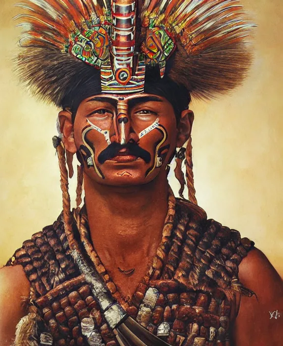 Prompt: portrait of a handsome mayan warrior in yucatan, art by denys tsiperko and franz xaver kosler and bogdan rezunenko, hyperrealism