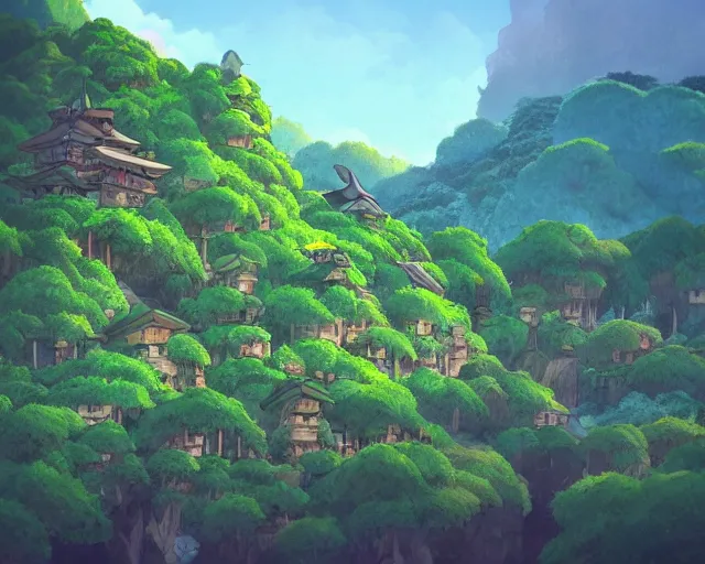 Image similar to mountain overseeing fantasy village next to a forest, studio ghibli style, hayao miyazaki, award winning photograph, highly detailed, artstation