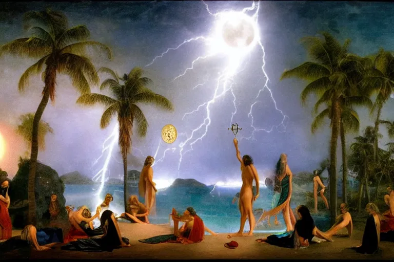 Image similar to The chalice of the occult, refracted moon sparkles, thunderstorm, greek pool, beach and Tropical vegetation on the background major arcana sky and occult symbols, by paul delaroche, hyperrealistic 4k uhd, award-winning, very detailed paradise