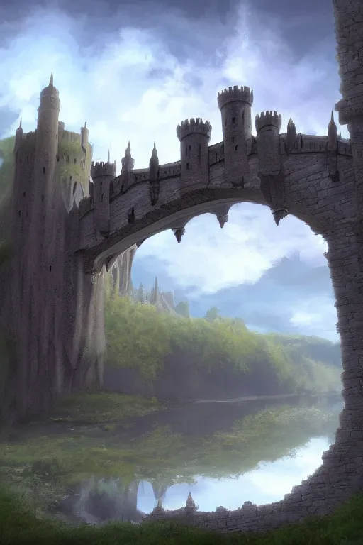 Image similar to hills bridge moat castle concept art gothic fantasy sky, andreas rocha style