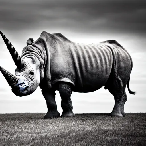 Prompt: grey rhino unicorn, animal photography