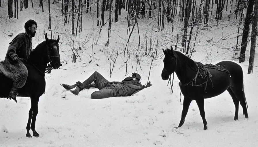 Image similar to 1 9 6 0 s movie still close up of marcus aurelius frozen to death with his horse under the snow by the side of a river with gravel, pine forests, cinestill 8 0 0 t 3 5 mm b & w, high quality, heavy grain, high detail, texture, dramatic light, anamorphic, hyperrealistic, detailed hair, foggy