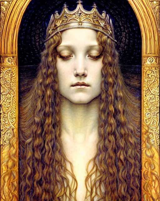 Image similar to detailed realistic beautiful young medieval queen face portrait by jean delville, gustave dore and marco mazzoni, art nouveau, symbolist, visionary, gothic, pre - raphaelite. horizontal symmetry