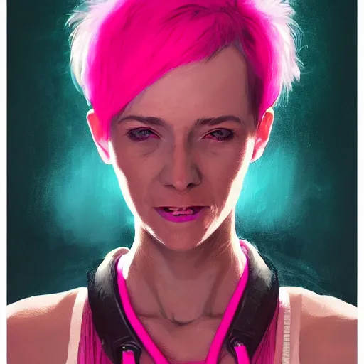 Image similar to Portrait of a woman by Greg Rutkowski, symmetrical face, a girl withj neon pink bob hair wearing a VR Headset, Kubric Stare, crooked smile, she's wearing an oversized hoodie, highly detailed portrait, scifi, digital painting, artstation, book cover, cyberpunk, concept art, smooth, sharp foccus ilustration, Artstation HQ