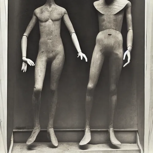 Image similar to manikins dancing, wax manikin heads, smiling at each other, uncanny valley, 1 9 2 0, paris, shop window, photograph, style of atget, nightmare, concept art, creepy