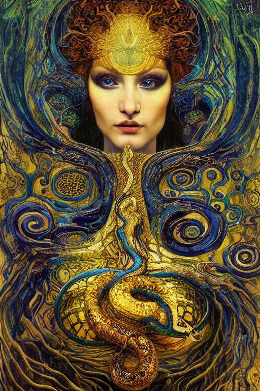 Image similar to Rebirth by Karol Bak, Jean Deville, Gustav Klimt, and Vincent Van Gogh, portrait of a sacred serpent, Surreality, radiant halo, shed iridescent snakeskin, otherworldly, fractal structures, celestial, arcane, ornate gilded medieval icon, third eye, spirals