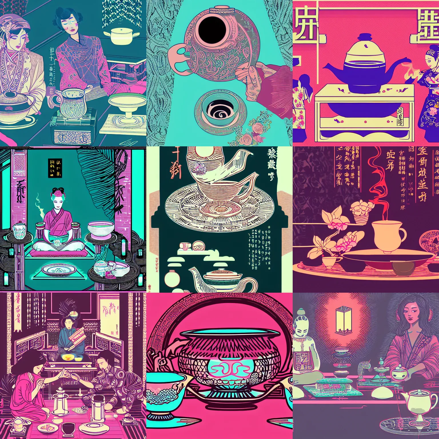 Prompt: vaporwave tea ceremony, intricate illustration by tim doyle