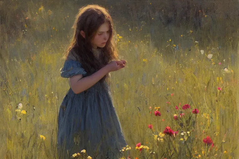 Prompt: little girl in summer dress, plucking wild flowers, sunlight, jeremy lipking, joseph todorovitch