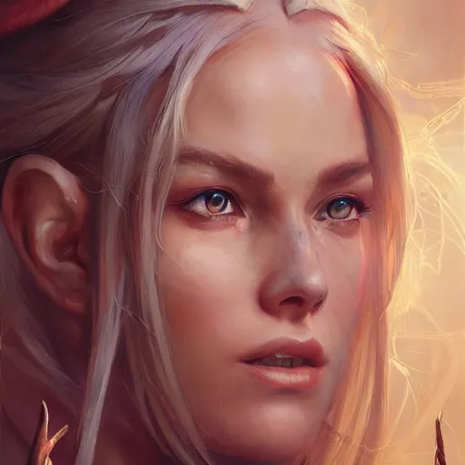 Prompt: A head-on detailed oil fantasy portrait of a pretty elf woman with small horns on her forehead, long blonde hair and bright copper irises, by greg rutkowski, trending on artstation, dungeon and dragons art