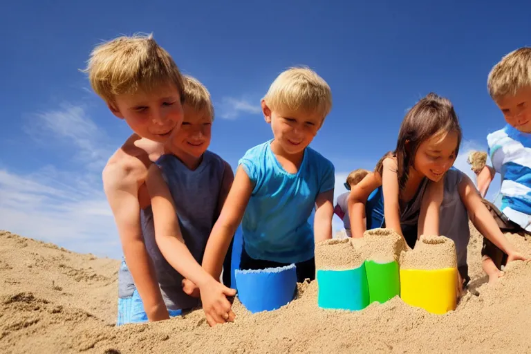 Prompt: children touching a sand castle