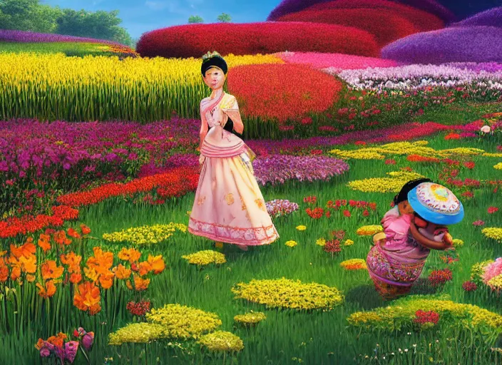 Prompt: summer morning, thai rice princess in a flower garden, rolling mountain, very coherent and colorful high contrast, art by gediminas pranckevicius, geof darrow, dark shadows, hard lighting, flowers garden