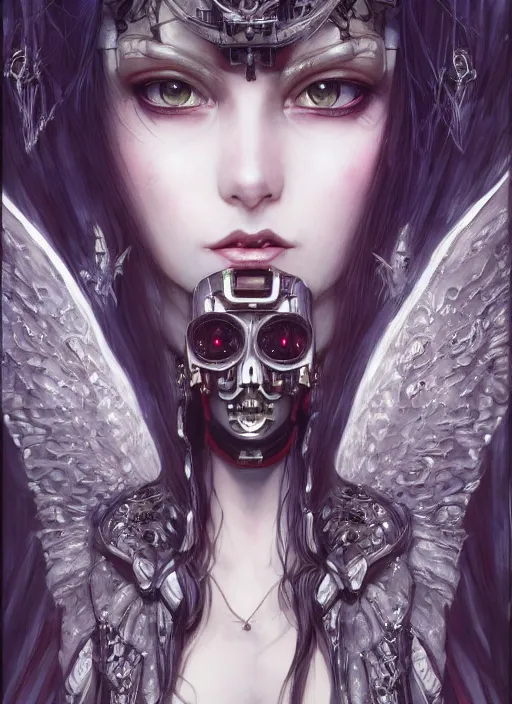 Image similar to portrait of cute beautiful young goth angel cyborg maiden, cyberpunk, Warhammer 40000, gothic, highly detailed, artstation, illustration, art by Gustav Klimt and Range Murata