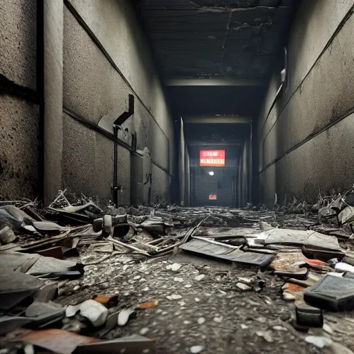 Image similar to a walkie - talkie lies on the ground in rubble, macro perspective of the walkie - talkie, intricate details, dark interior of an old hallway, horrible angry zombies in the background, 8 k hyperdetailed, unreal engine, octane render, style of gta v artworks