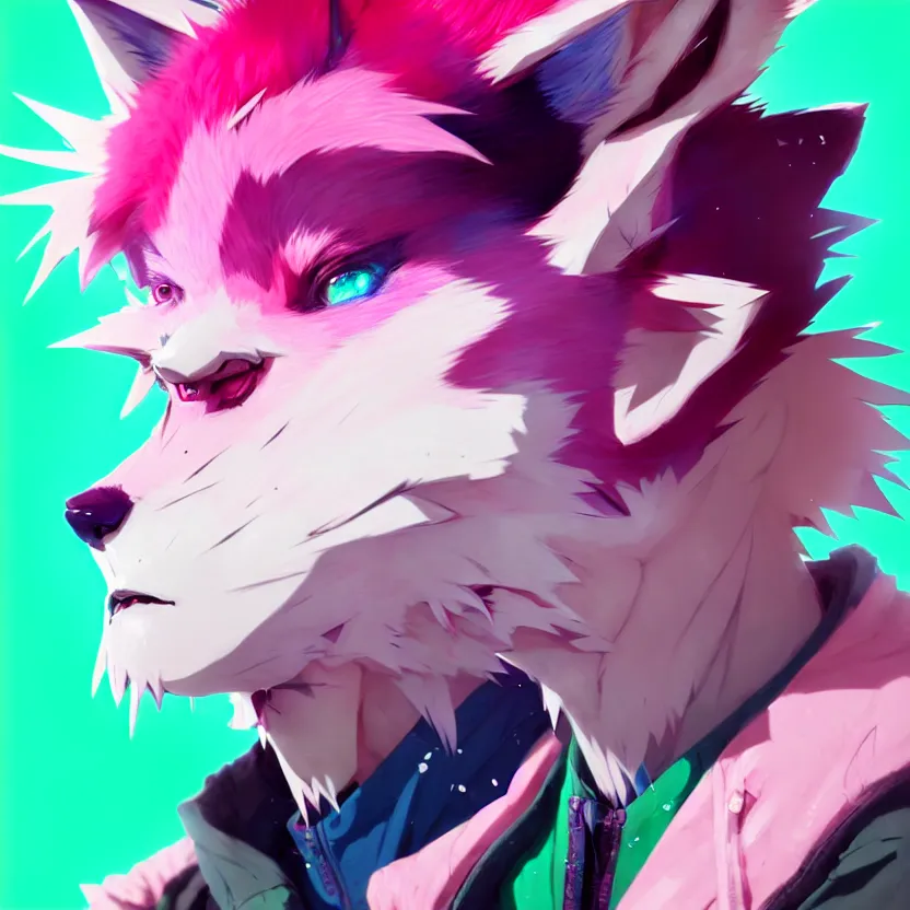 Image similar to a beautiful portrait of a handsome anime male boy with pink hair and pink wolf ears and green eyes wearing cyberpunk clothes. character design by cory loftis, fenghua zhong, ryohei hase, ismail inceoglu and ruan jia. artstation, volumetric light, detailed, photorealistic, fantasy, rendered in octane