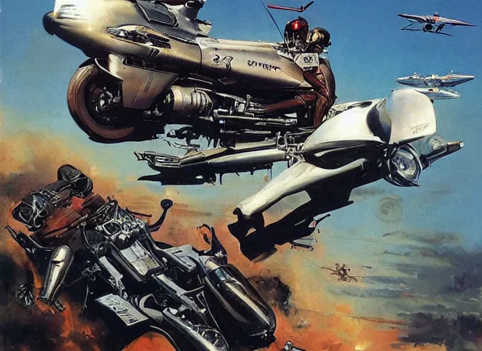 Prompt: ( ( ( ( ( classic vintage motorcycle, motorcycle concept art, sci - fi illustration, painting ) ) ) ) ) by vincent di fate and john berkey and rocketeer!!!!!!!