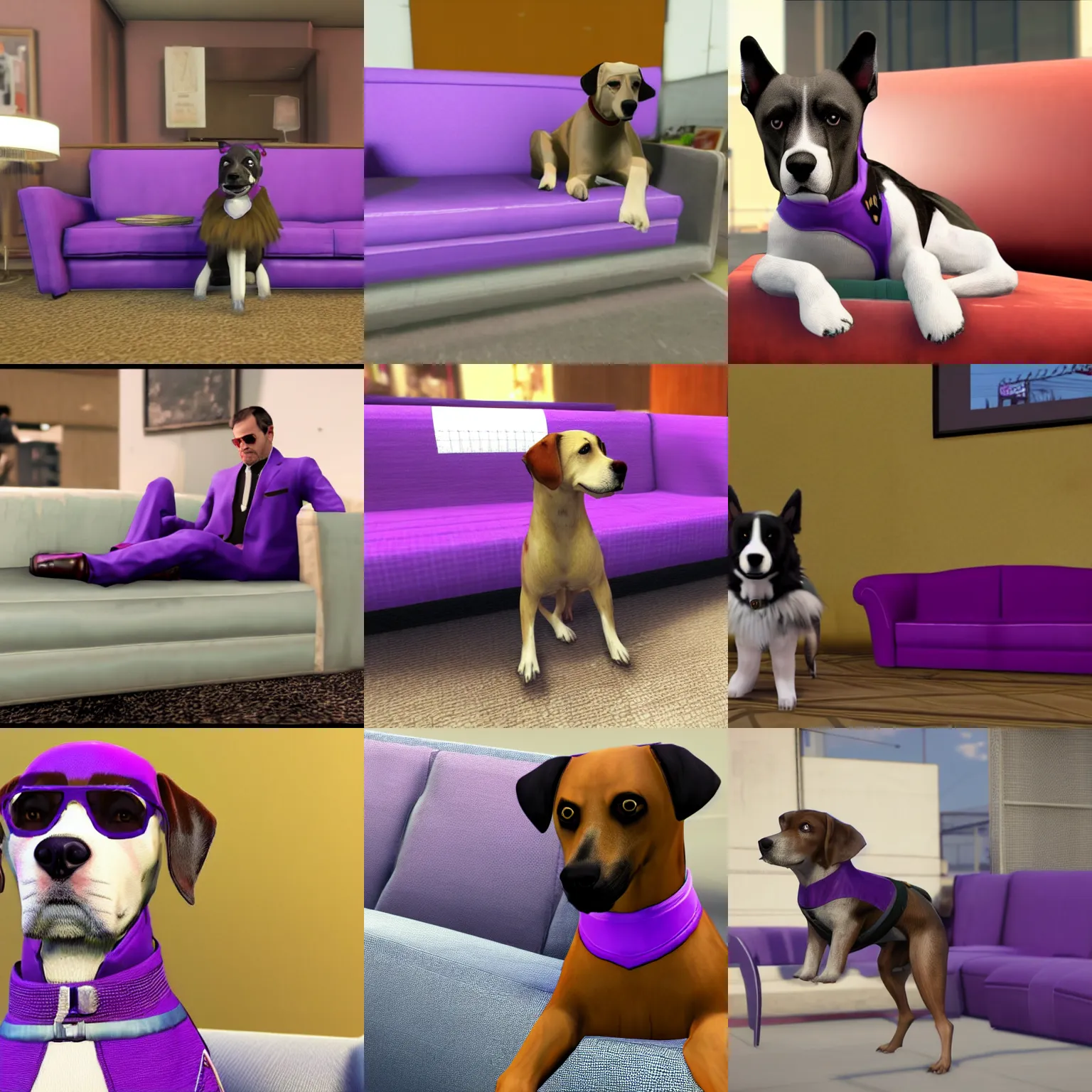 Prompt: a dog wearing a purple suit sitting in a couch in gta v, in game 3 d render