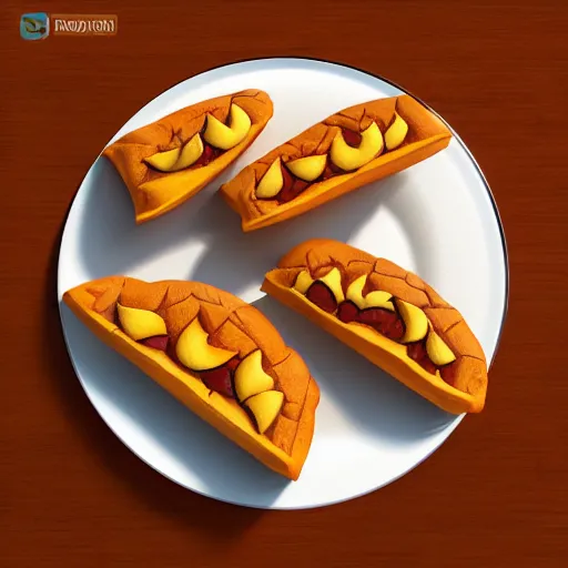 Image similar to concept art full isometric view of a plate with three delicious pumpkin turnovers with glazing in the style of pixar, octane render, blender, arstation