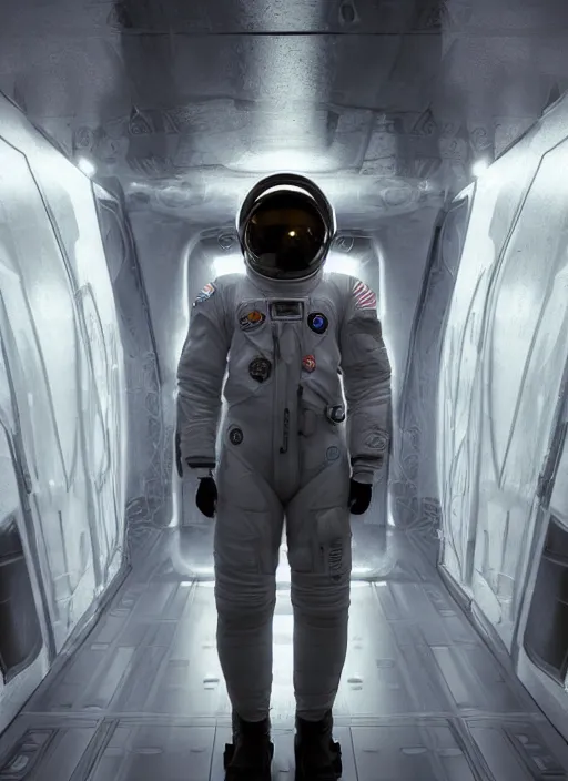 Image similar to symmetry concept art by craig mullins astronaut in futuristic dark and empty spaceship underwater. infrared glowing lights. complex and hyperdetailed technical suit. reflection and dispersion materials. rays and dispersion of light. volumetric light. 5 0 mm, f / 3 2. noise film photo. flash photography. unreal engine 4, octane render. interstellar movie art