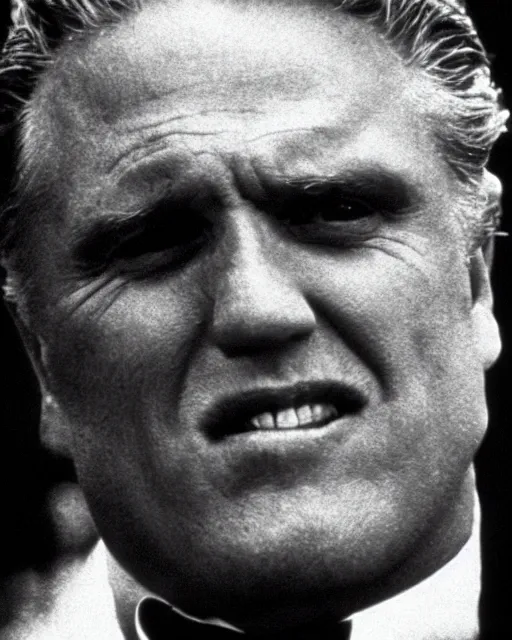 Image similar to film still close up shot of gary busey as vito corleone from the movie the godfather. photographic, photography