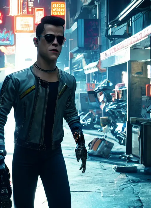 Image similar to film still of Rami Malek as Johnny Silverhand in Cyberpunk 2077, gameplay, 8k, HD