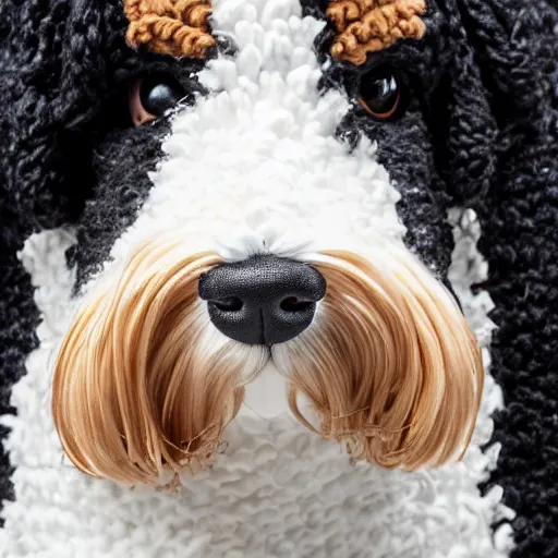 Image similar to a closeup photorealistic photograph of a cute smiling knitted bernedoodle judge dog dressed in a black gown, presiding over the courthouse. indoors, professional capture, well lit shot. this 4 k hd image is trending on artstation, featured on behance, well - rendered, extra crisp, features intricate detail, epic composition and the style of unreal engine.