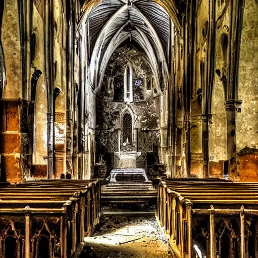 Image similar to abandoned and eroding church with a skeleton in the pews, gothic art, color, detailed