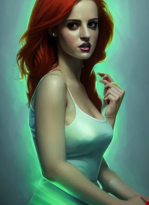 Image similar to full body portrait of teenage cheryl blossom, bangs, green eyes, mischievous expression, red hair, sultry smirk, bangs and wavy hair, intricate, elegant, glowing lights, highly detailed, digital painting, artstation, concept art, smooth, sharp focus, illustration, art by wlop, mars ravelo and greg rutkowski