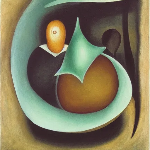 Image similar to abstract figurative art, leonora carrington style, lovers eat pears, dreamy, muted, pastel colors