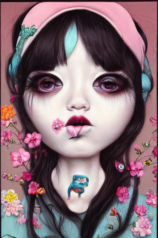 Image similar to pop surrealism, lowbrow art, realistic cute girl painting, japanese cute fashion, hyper realism, muted colors, trevor brown style