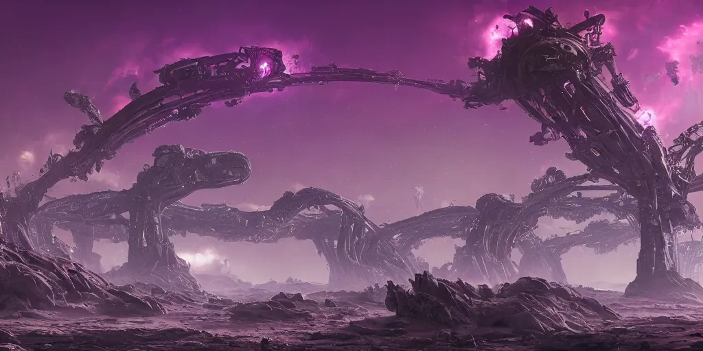 Prompt: alien landscape, ruined alien structures, glowing purple, beautiful, solarpunk, trending on artstation, 8 k, high detail, by shrimbly flingleston