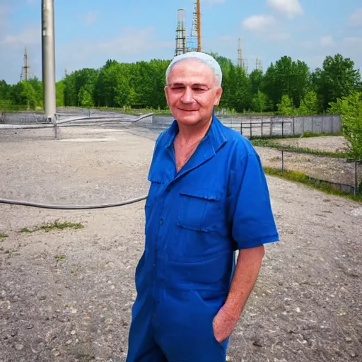 Prompt: a cheery man, on holiday at chernobyl nuclear plant, glowing background