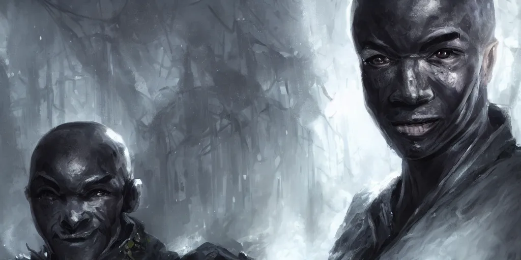 Prompt: a slender rogue black man with a sad smile, barroque painting, ultra realistic. cinematic, dynamic. magic the gathering style. epic fantasy, insanely detailed, 4k, symmetrical face, rpg character reference. gourgeous.