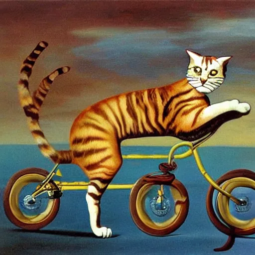 Image similar to a cat riding a bicycle, painting by salvador dali