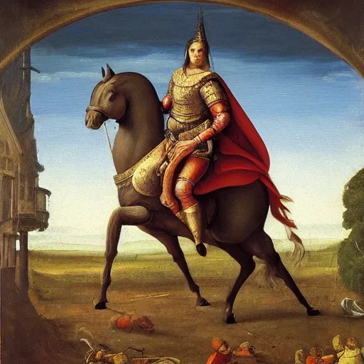 Prompt: a realistic painting by Raffaello Sanzi depicting the knight in shining armor with the head of the Blob in the Renaissance.