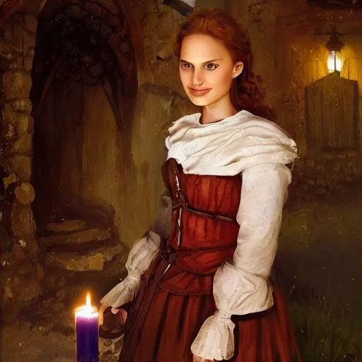 Prompt: young, freckled, curly! haired, redhead Natalie Portman as a optimistic!, cheerful, giddy medieval innkeeper in a dark medieval inn. dark shadows, colorful, candle light, law contrasts, fantasy concept art by Jakub Rozalski, Jan Matejko, and J.Dickenson