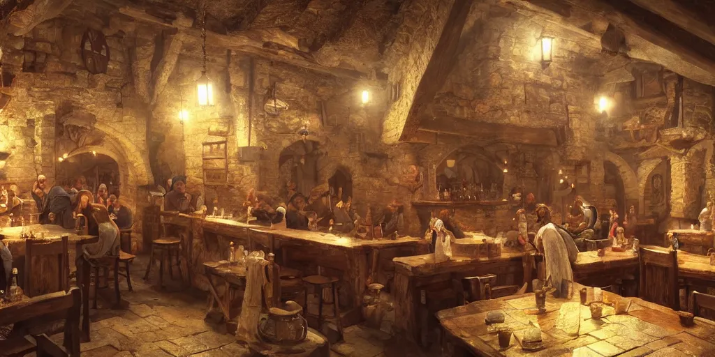 Prompt: medieval tavern painted by greg rutkowski, extremely detailed, semirealism, artstation, octane render, sharpness, 8 k, golden ratio