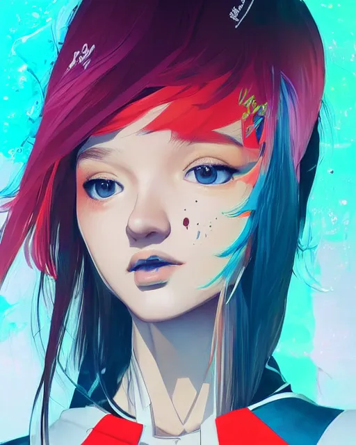 Image similar to poster woman with futuristic streetwear and hairstyle, colourful, model face, cute face, pretty face, 3/4 portrait, Galaxy eyes, beautiful, elegant, Anime by Kuvshinov Ilya, Cushart Krentz and Gilleard James, 4k, HDR, Trending on artstation, Behance, Pinterest, award winning