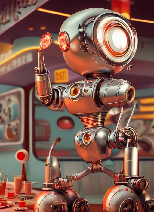 Prompt: highly detailed closeup, profile portrait of a tin toy 1 9 5 0 s robot diner, bikini, unreal engine, nicoletta ceccoli, mark ryden, earl norem, lostfish, global illumination, detailed and intricate environment