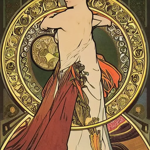 Prompt: legendary warrior, painted by alphonse mucha