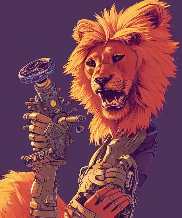 Prompt: a portrait of an anthropomorphic cyberpunk lion holding a turkey leg, fantasy, elegant, digital painting, artstation, concept art, matte, sharp focus, illustration, art by josan gonzalez