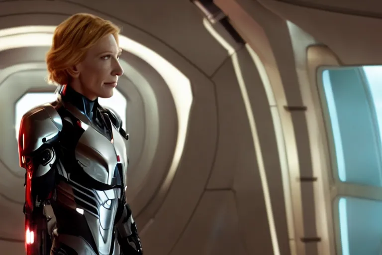 Prompt: cate blanchett on the bridge of a starship,cyborg, 4k,anime, movie still