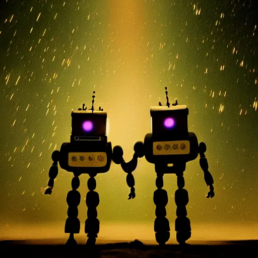 Prompt: Two robots hugging each other while watching a shooting star in the night sky, cinematic lighting, insanely detailed, directed by Denis Villeneuve and Wes Anderson, cinestill 800t