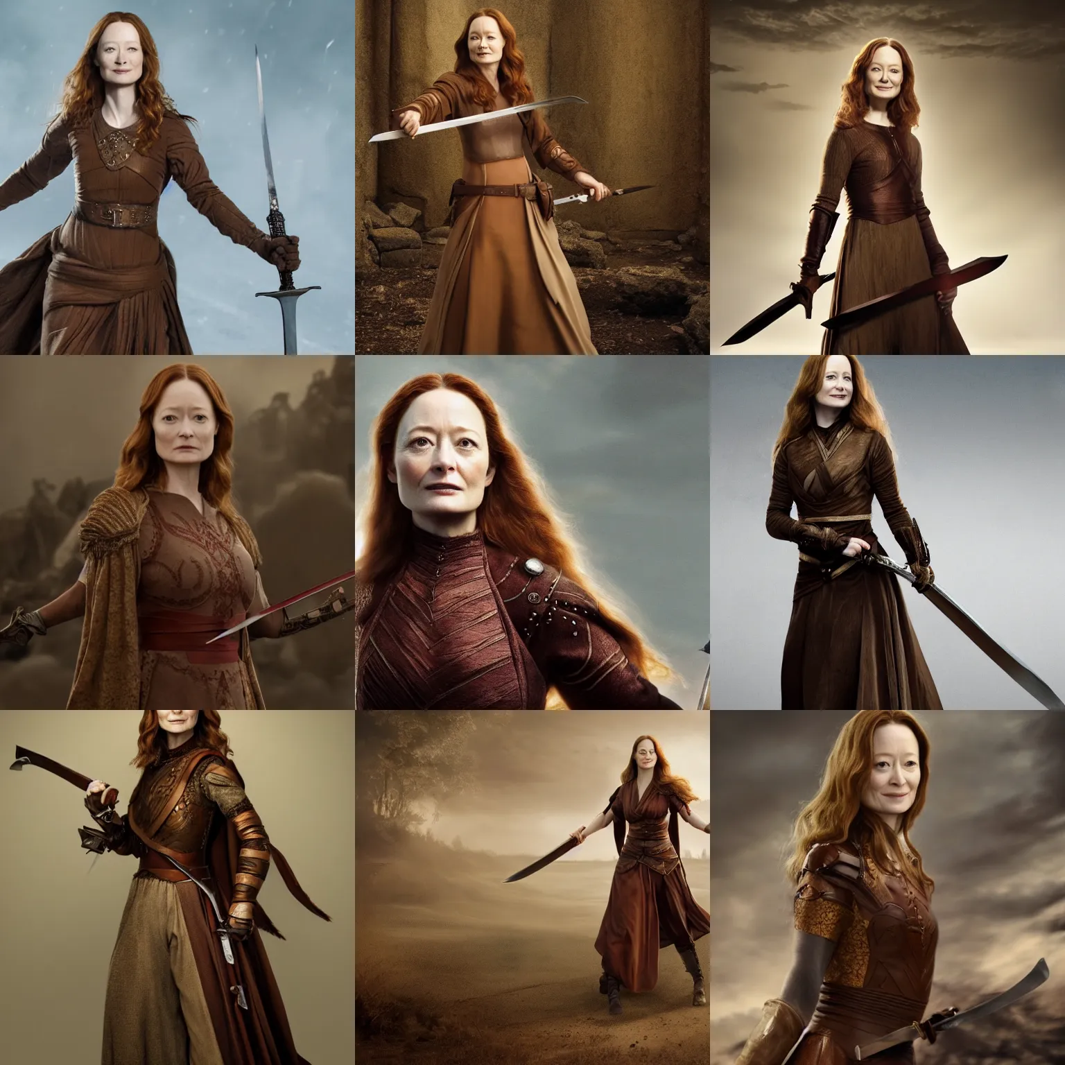 Prompt: miranda otto in a brown dress holding a sword, a character portrait by sigurd swane, cgsociety, antipodeans, movie still, character, dynamic pose