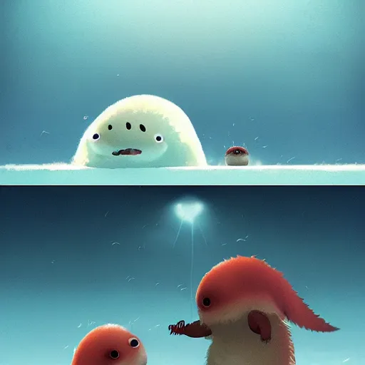 Image similar to baby harp seals being eaten by a tyrannosaurus in a tropical alien world, atey ghailan, goro fujita, studio ghibli, scary lighting, clear focus, very coherent