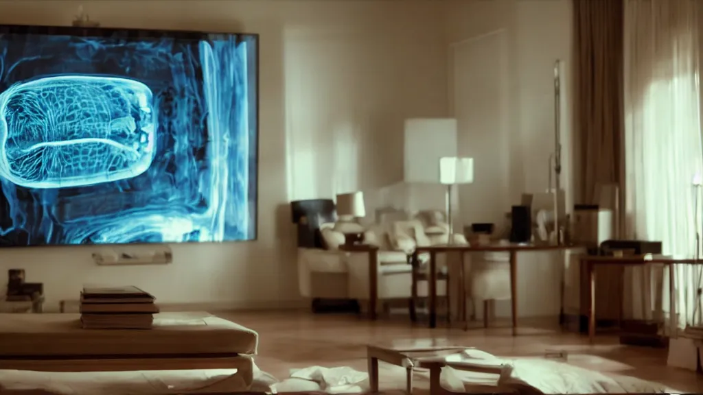 Image similar to an mri image in the living room, film still from the movie directed by denis villeneuve with art direction by salvador dali, wide lens